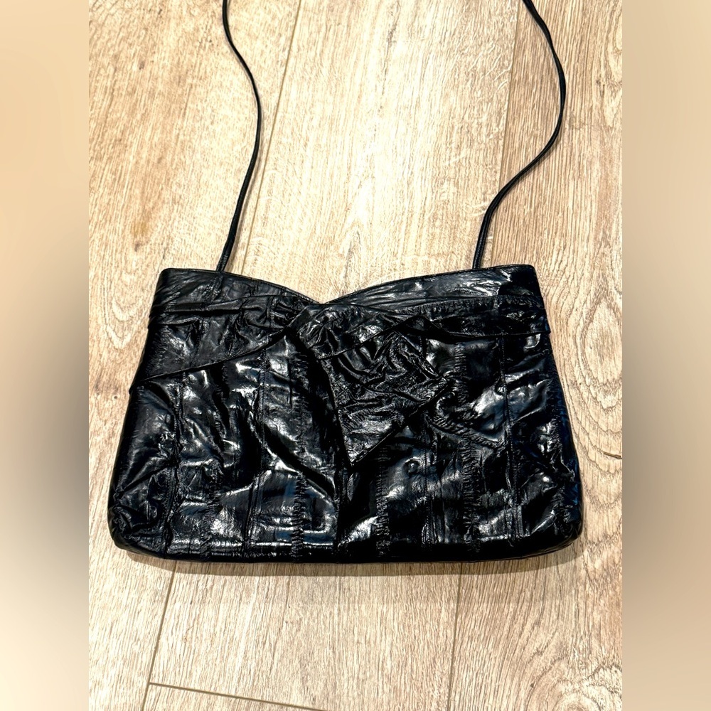 Sunco Black shiny eel skin clutch purse bag bow with strap made in Korea